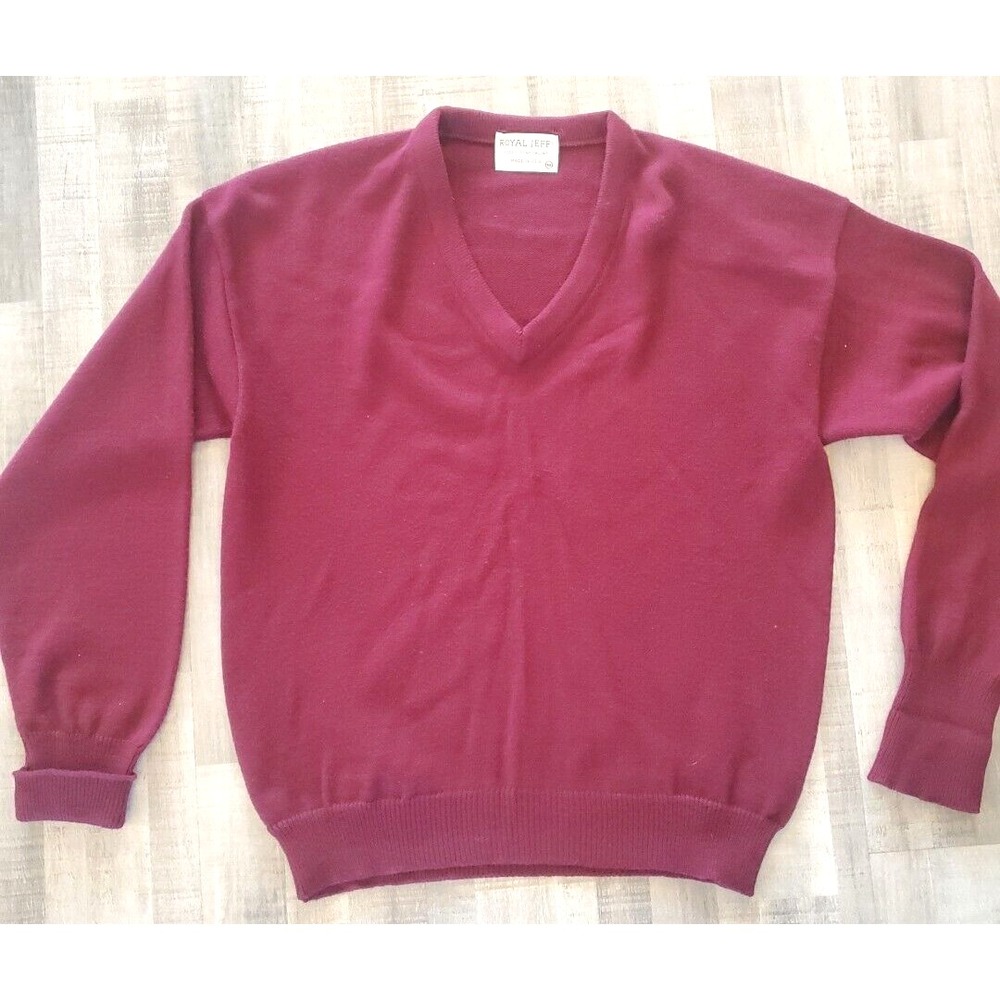 Vintage Royal Jeff Orlon Sweater Mens M  Red V Neck Golf Cardigan Grandpa 80's‎